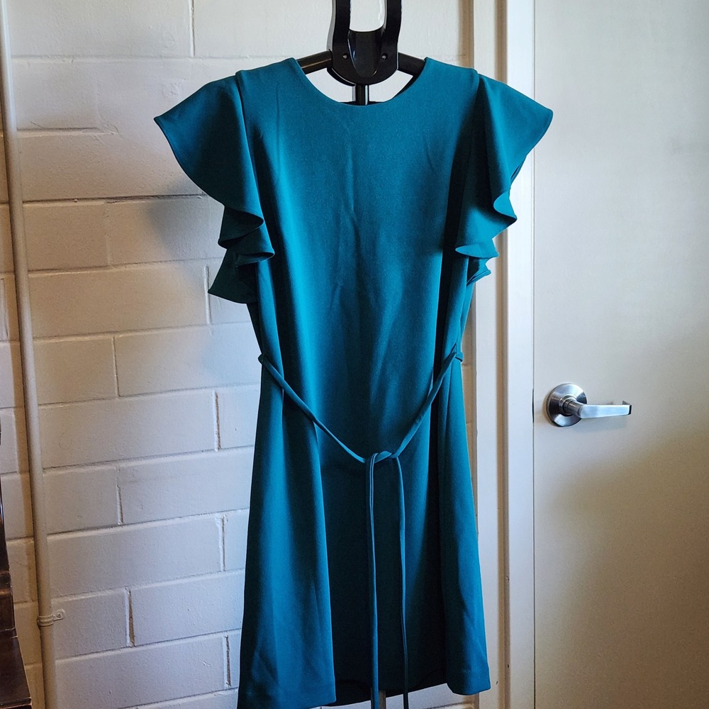 Calvin Klein Womens Teal Ruffle Sleeve Sheath Dress Size 10 Belted Knee Length